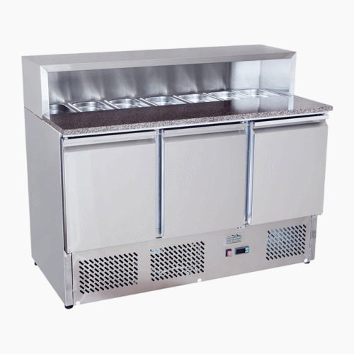 Atosa Ice-A-Cool ICE3858GR 3-Door Marble Top Prep Counter with Stainless Steel Guard and 7 GN Pans